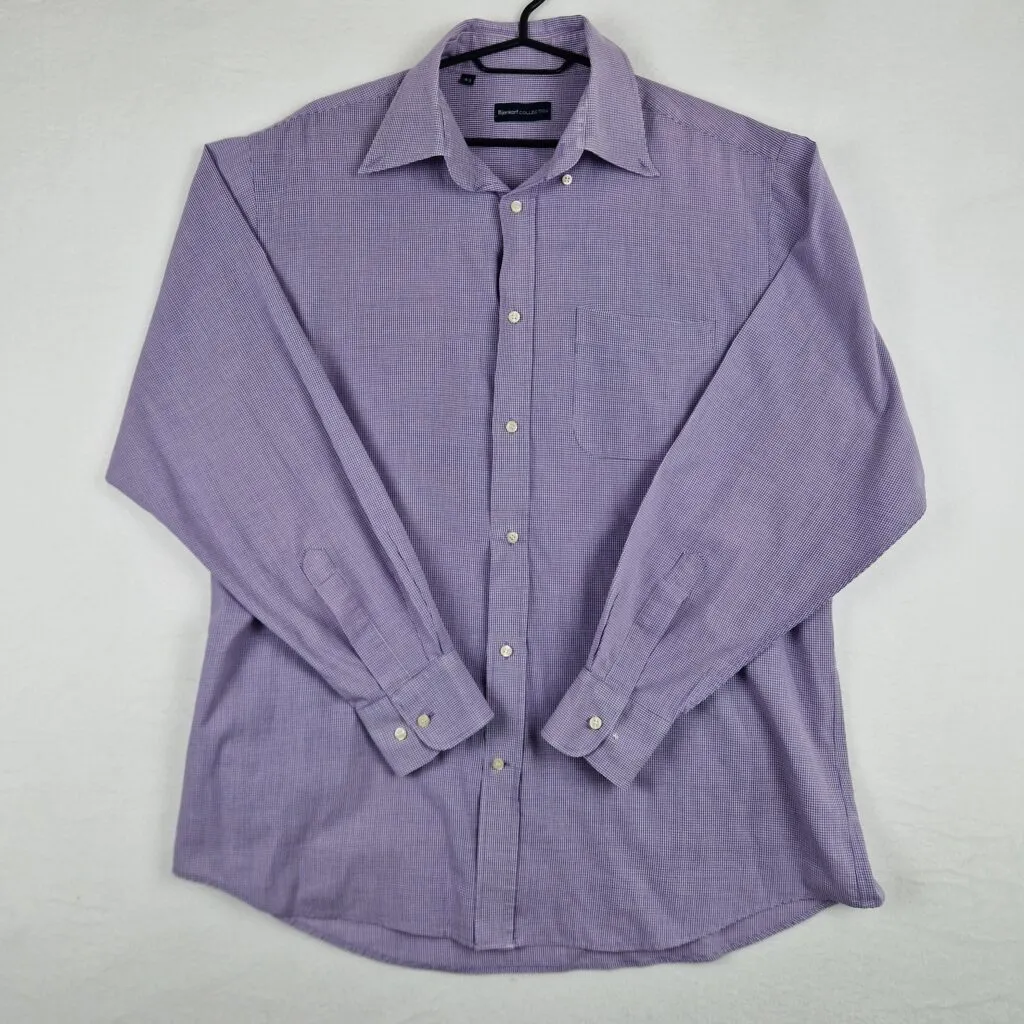 BijenKorf Collection Men’s Purple Check Shirt Size 43 Cotton Long Sleeve Classic Button-Up