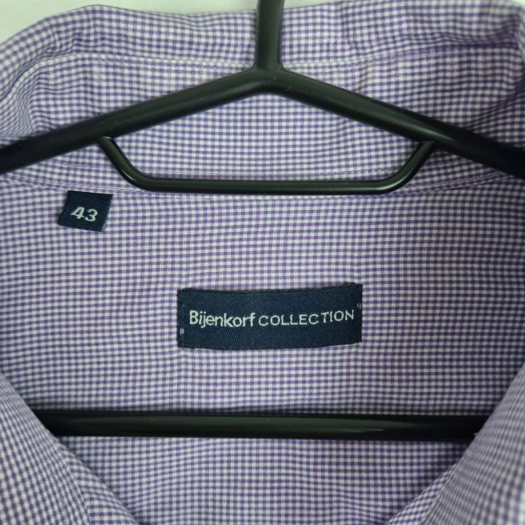 BijenKorf Collection Men’s Purple Check Shirt Size 43 Cotton Long Sleeve Classic Button-Up
