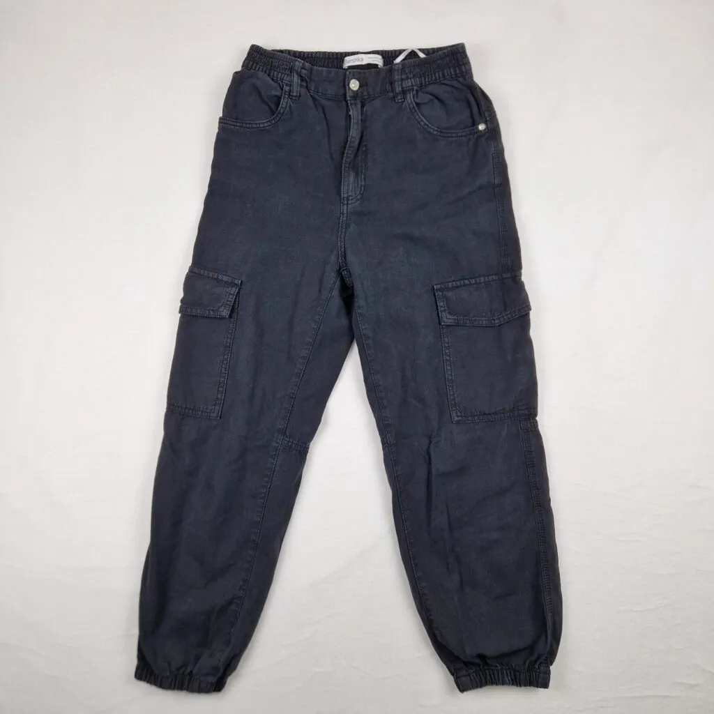 Bershka Men’s Black Cargo Pants Size M Cotton Straight Leg Elastic Waist
