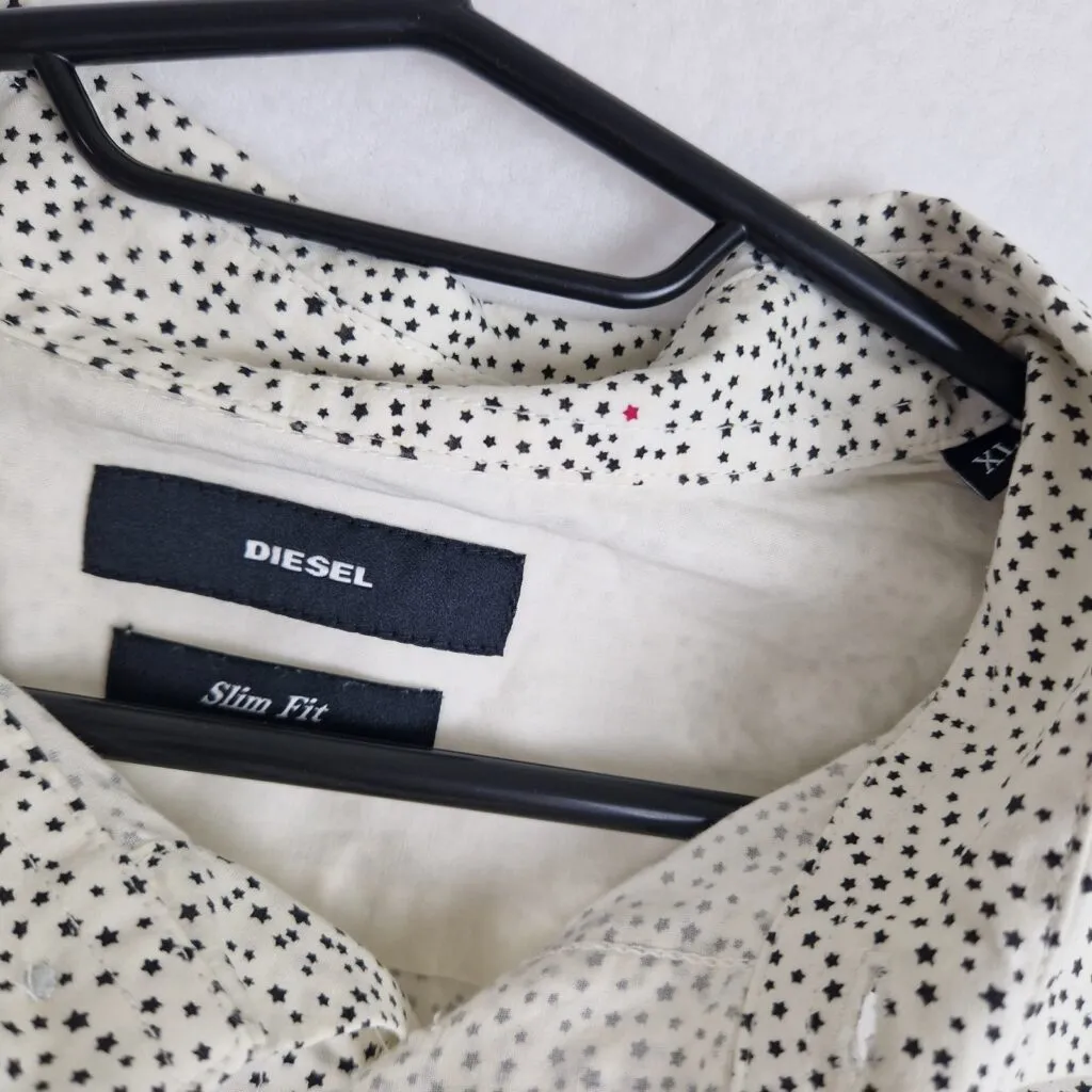 Diesel Mens White Shirt Size XL Cotton Elastane Star Print Button Up Long Sleeve