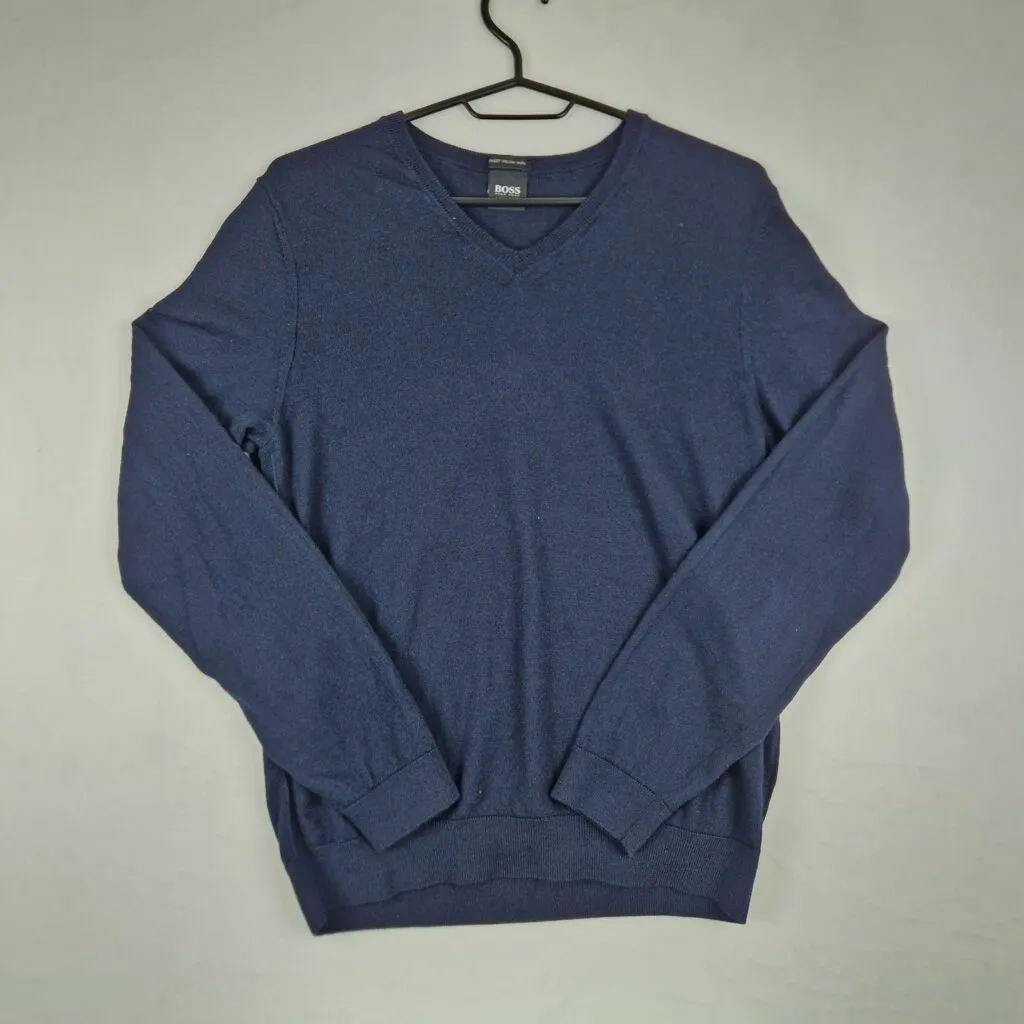 BOSS Mens Navy Sweater Size S Wool V-Neck Long Sleeve Italian Yarn Knitwear