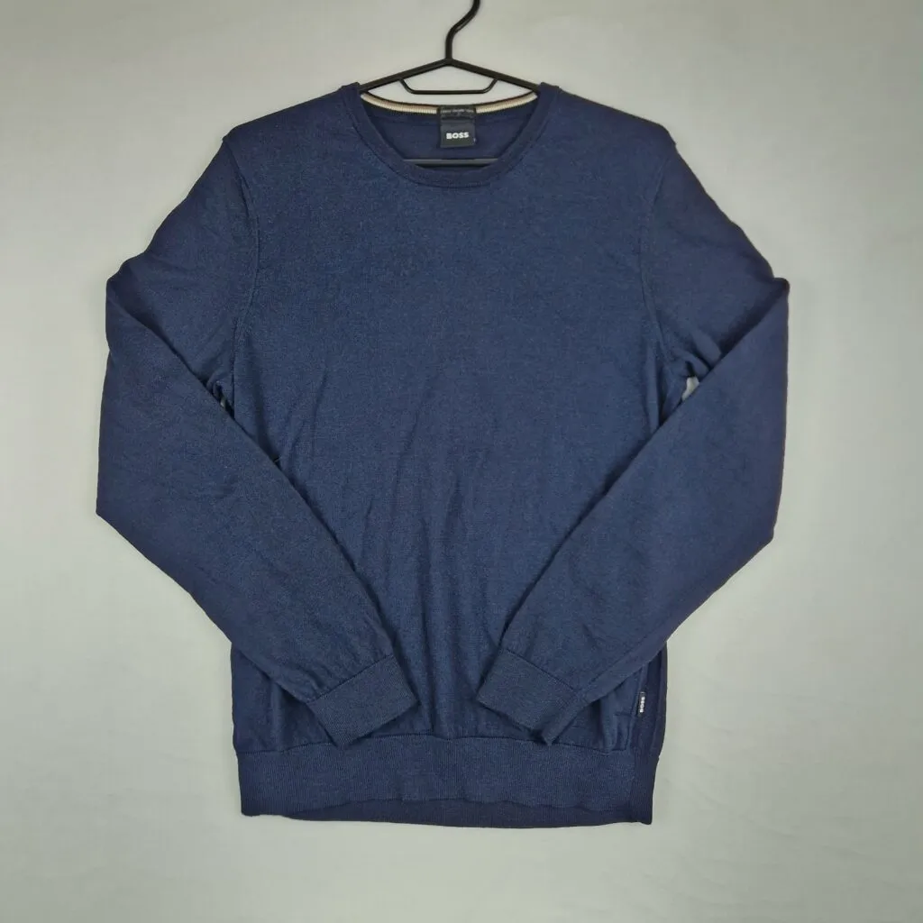 BOSS Mens Navy Sweater Size S Cotton Blend Italian Knit Long Sleeve Crewneck