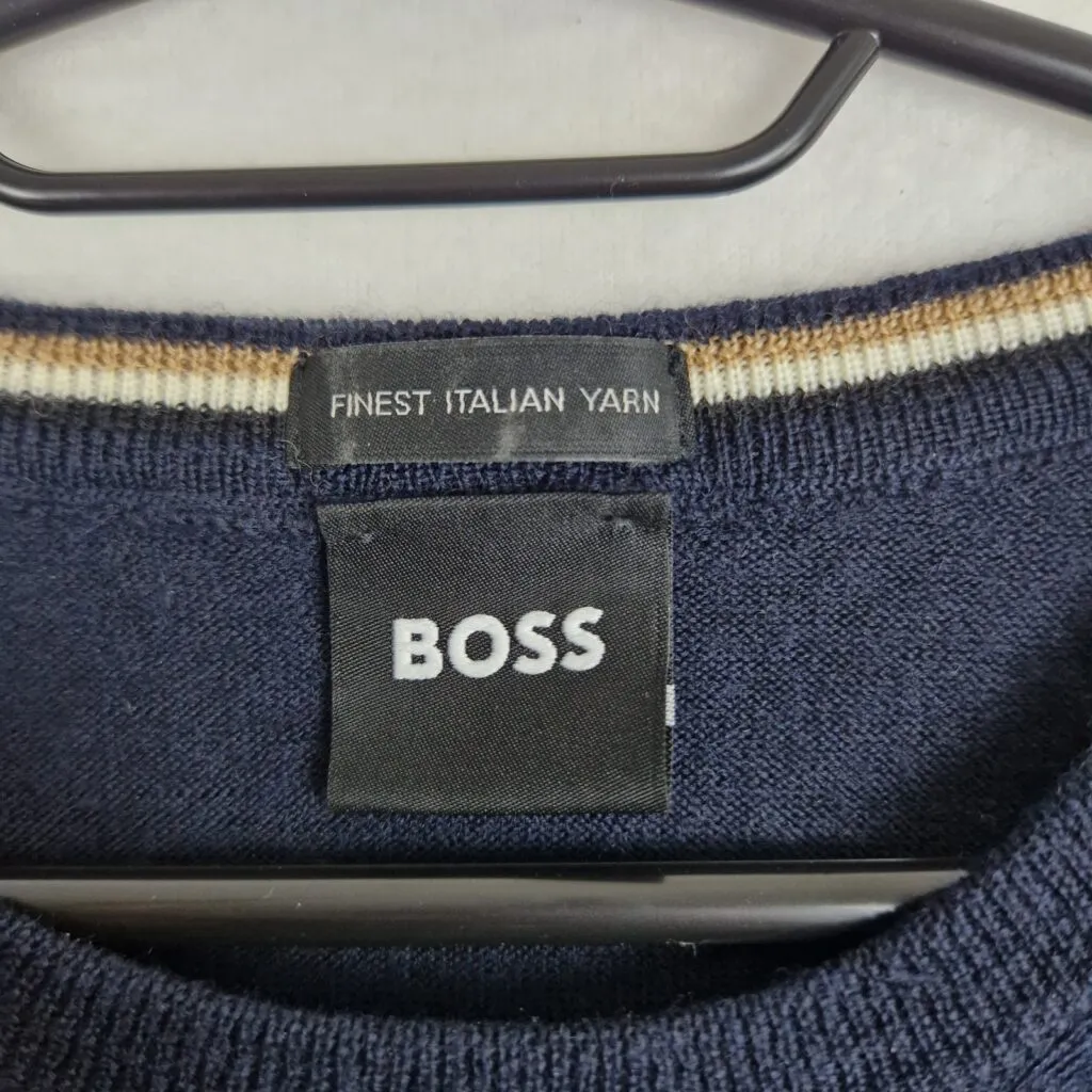 BOSS Mens Navy Sweater Size S Cotton Blend Italian Knit Long Sleeve Crewneck