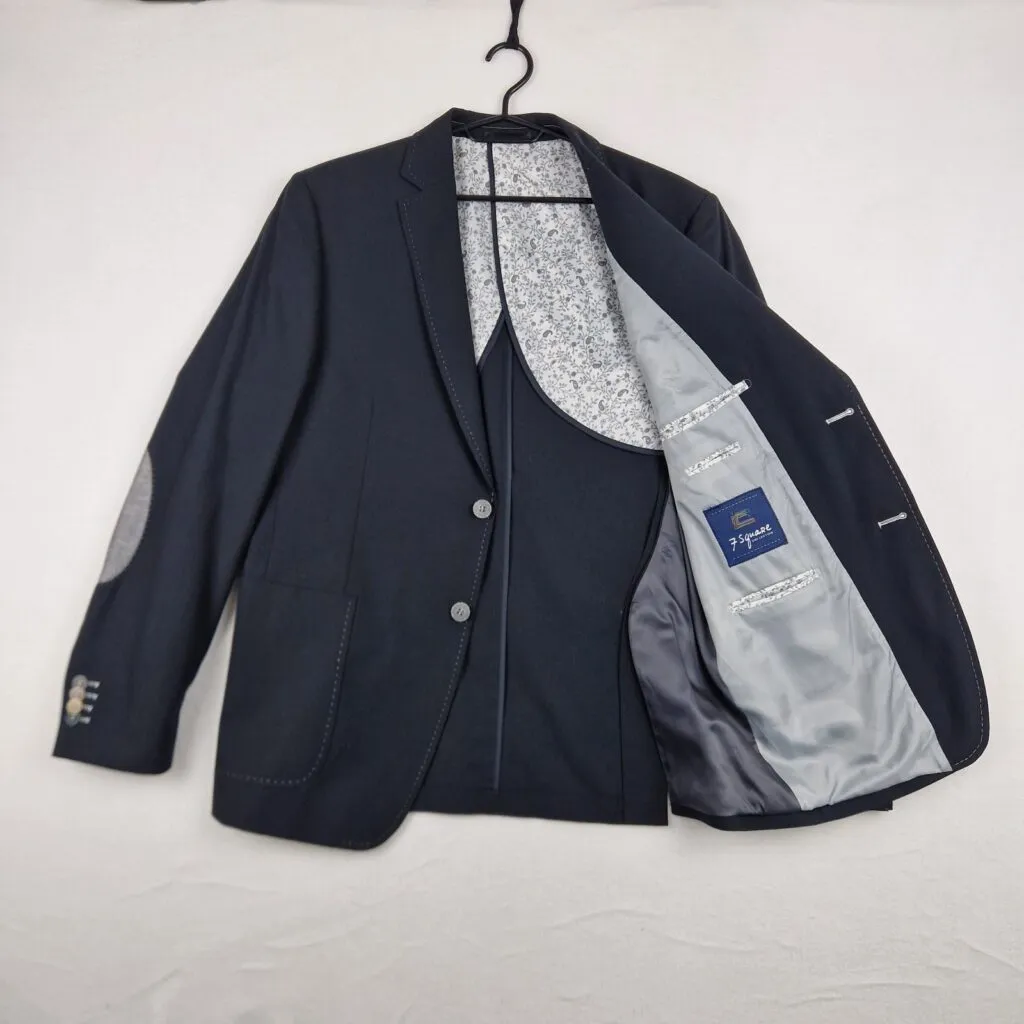 7 Square Mens Navy Wool Blend Blazer Size 50 with Patch Pockets & Elbow Patches