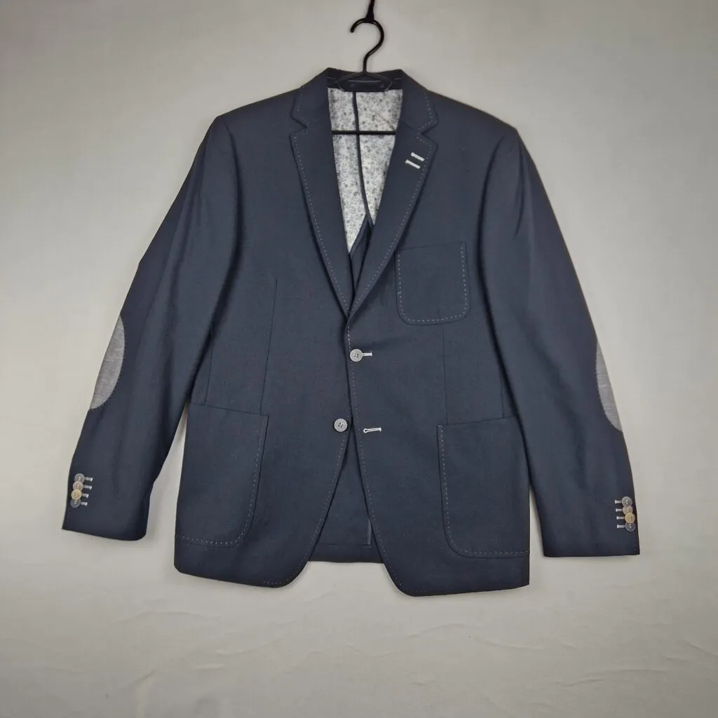 7 Square Mens Navy Wool Blend Blazer Size 50 with Patch Pockets & Elbow Patches