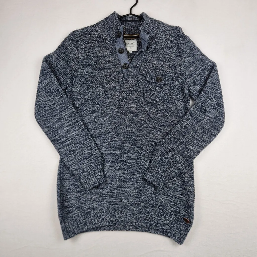 Pilot Type P-56 Mens Blue Sweater Size L Cotton Blend Shawl Collar Button Knit