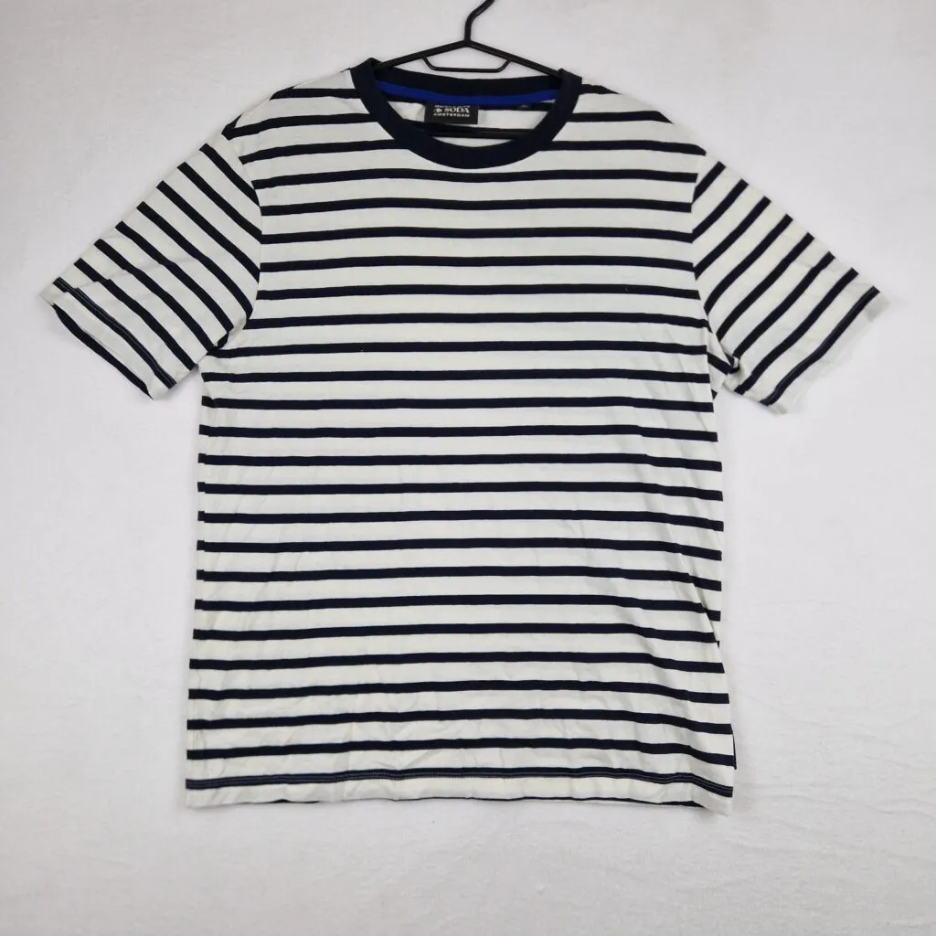 Scotch & Soda Mens White Navy T-Shirt Size L Cotton Striped Crewneck