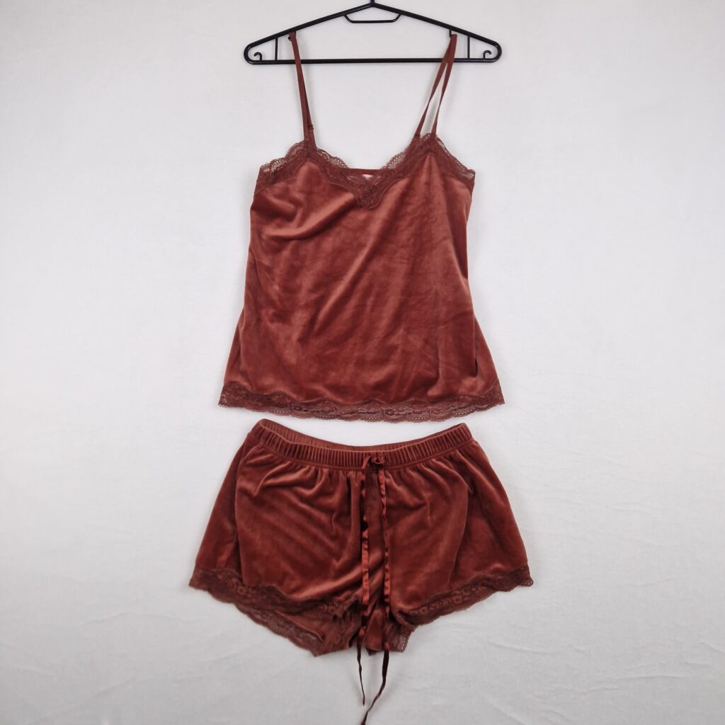 Hunkemöller Womens Brown Pajama Set Size S Velvet Lace Cami Shorts