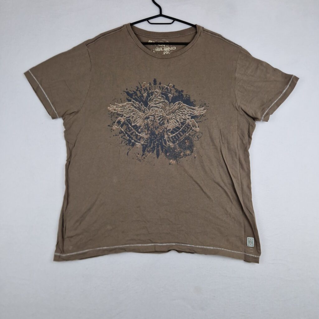 Y2K River Island Mens Brown T Shirt Size XXL Cotton Graphic Print Short Sleeve