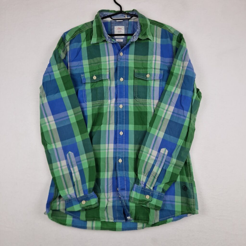 s.Oliver Mens Green Blue Plaid Shirt Size L Cotton Long Sleeve Button Up Slim Fit