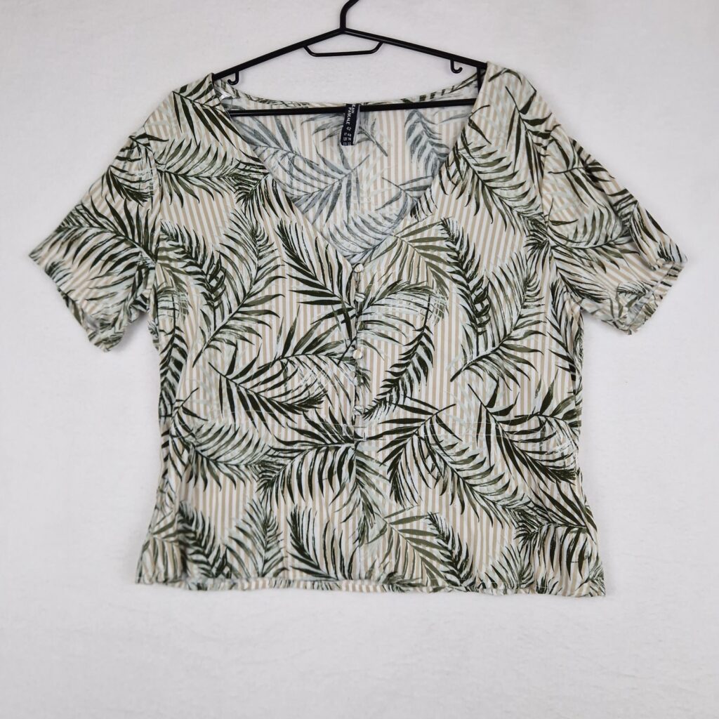 Jean Pascale Womens Beige Green Leaf Print Blouse Size 42 Viscose Short Sleeve