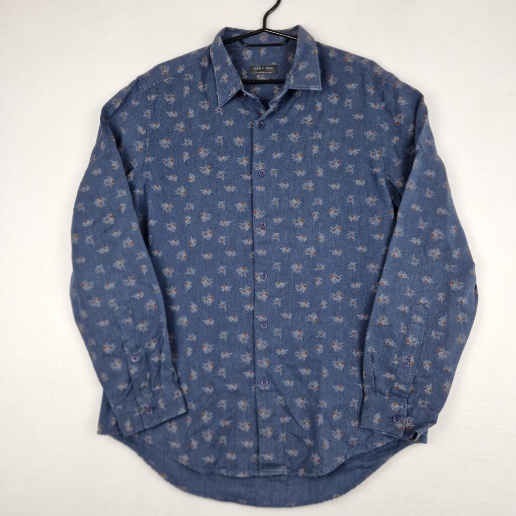 Zara Man Mens Blue Patterned Shirt Size L Cotton Slim Fit Long Sleeve Button Up