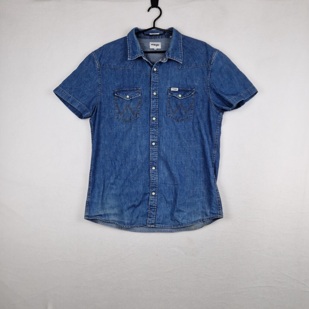Wrangler Mens Blue Denim Shirt Size M Cotton Western Workwear Snap Button Short Sleeve