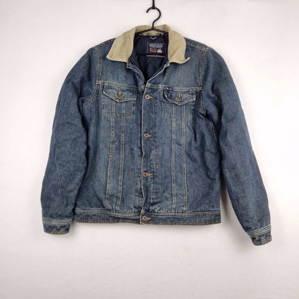 River Woods Mens Blue Denim Jacket Size S Cotton Y2K Style Corduroy Collar