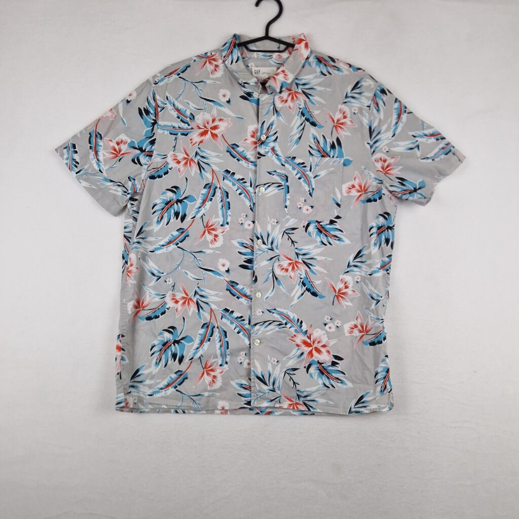 GAP Mens Grey Floral Hawaiian Shirt Size M Cotton Short Sleeve Button Up