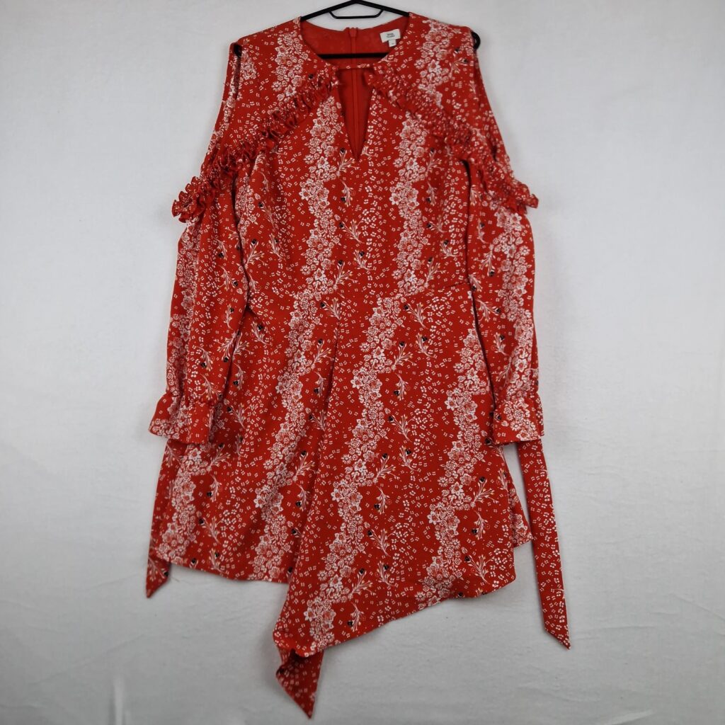 River Island Womens Red Floral Midi Dress Size 12 Asymmetric Hem Long Sleeve